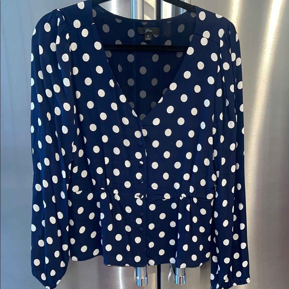 J. Crew Blue and White Puff Sleeve Wrap Blouse